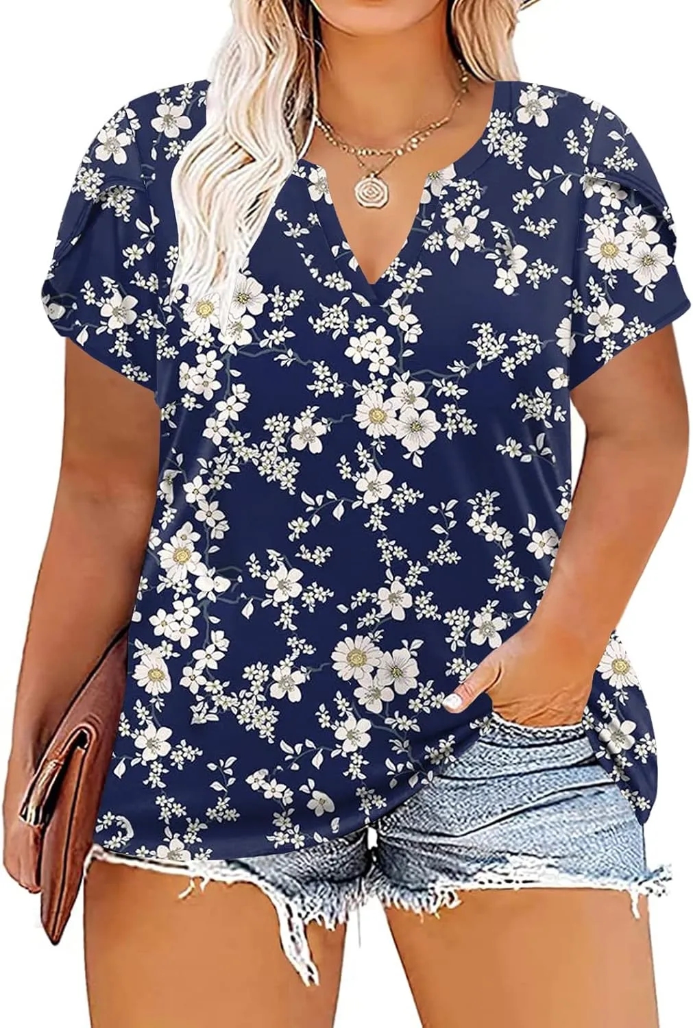 VISLILY Plus-Size-Tops for Women Casual Petal Sleeve T Shirts Summer V Neck Loose Comfy Tee