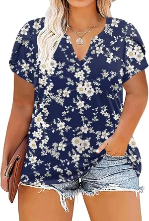 VISLILY Plus-Size-Tops for Women Casual Petal Sleeve T Shirts Summer V Neck Loose Comfy Tee