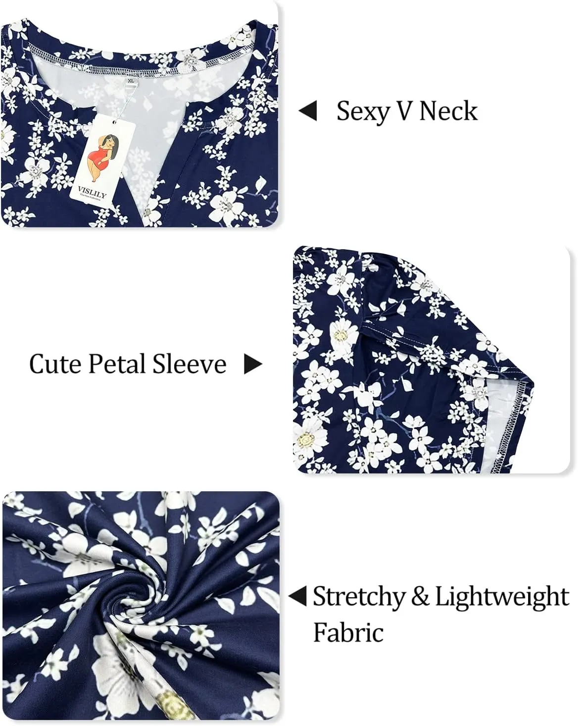 VISLILY Plus-Size-Tops for Women Casual Petal Sleeve T Shirts Summer V Neck Loose Comfy Tee