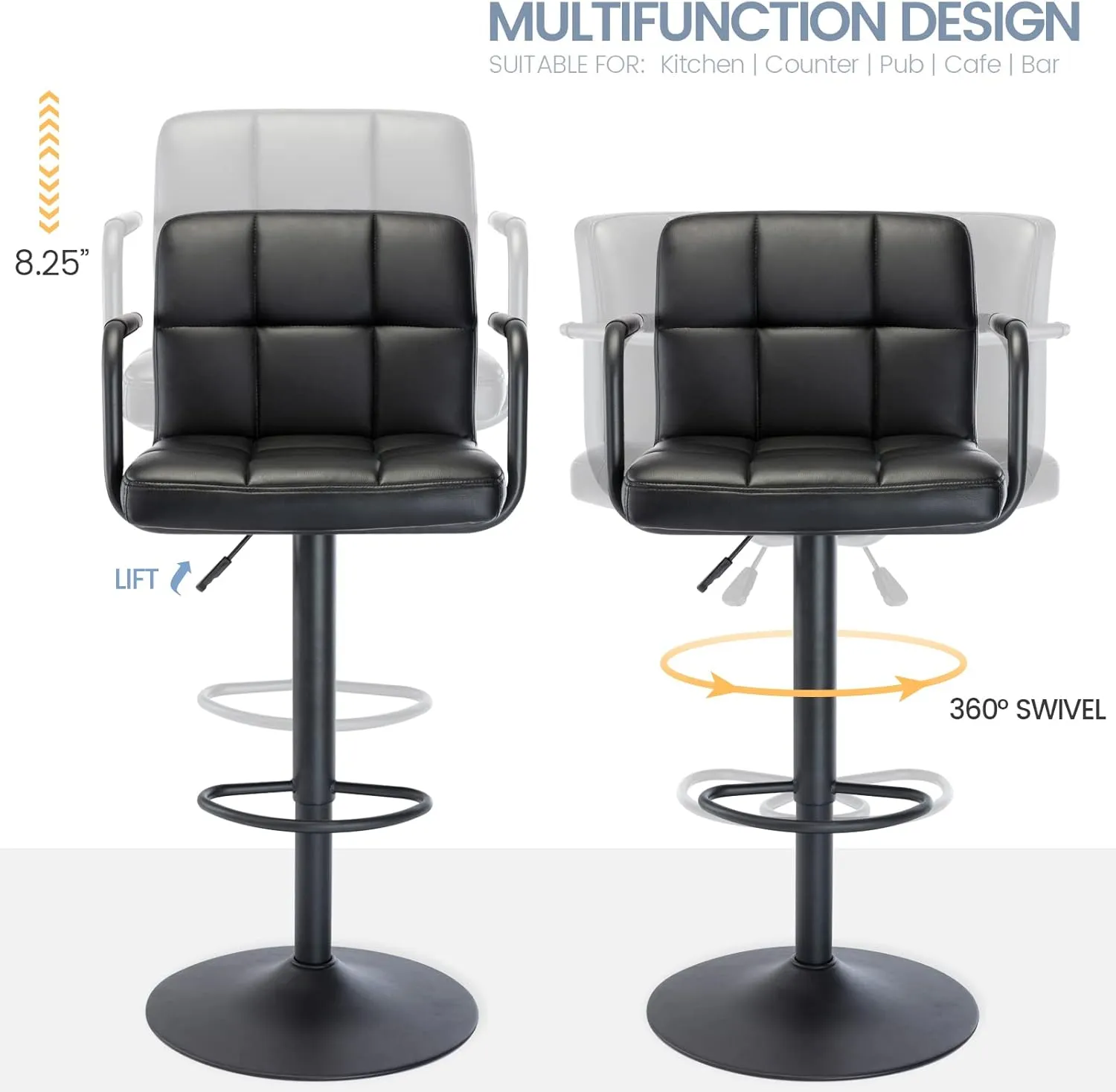 Vogue Furniture Direct Modern PU Leather Square Bar Stools, Adjustable Swivel Barstools with Back and Arms, Airlift Counter Height Chairs for Kitchen Dining Pub Cafe Set of 2 (Black, Black Base)