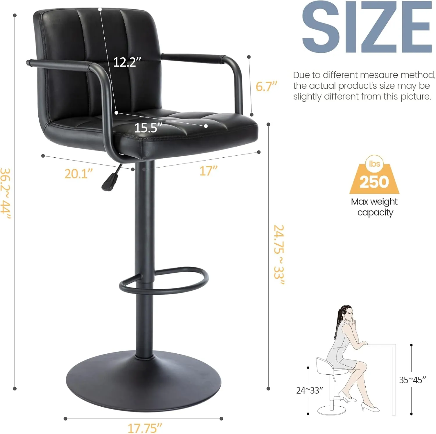 Vogue Furniture Direct Modern PU Leather Square Bar Stools, Adjustable Swivel Barstools with Back and Arms, Airlift Counter Height Chairs for Kitchen Dining Pub Cafe Set of 2 (Black, Black Base)