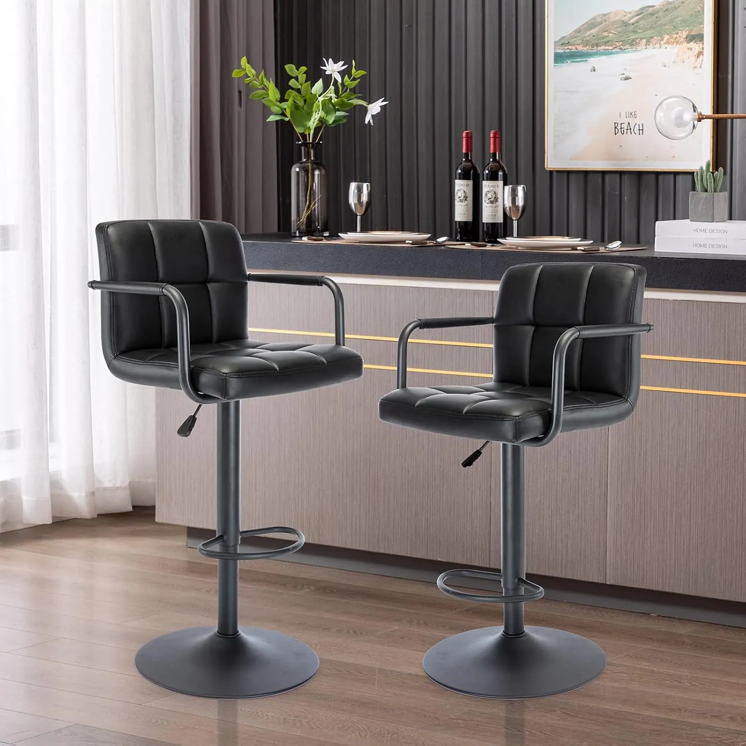 Vogue Furniture Direct Modern PU Leather Square Bar Stools, Adjustable Swivel Barstools with Back and Arms, Airlift Counter Height Chairs for Kitchen Dining Pub Cafe Set of 2 (Black, Black Base)