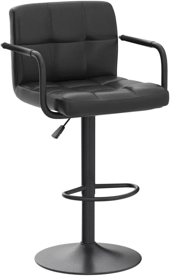 Vogue Furniture Direct Modern PU Leather Square Bar Stools, Adjustable Swivel Barstools with Back and Arms, Airlift Counter Height Chairs for Kitchen Dining Pub Cafe Set of 2 (Black, Black Base)