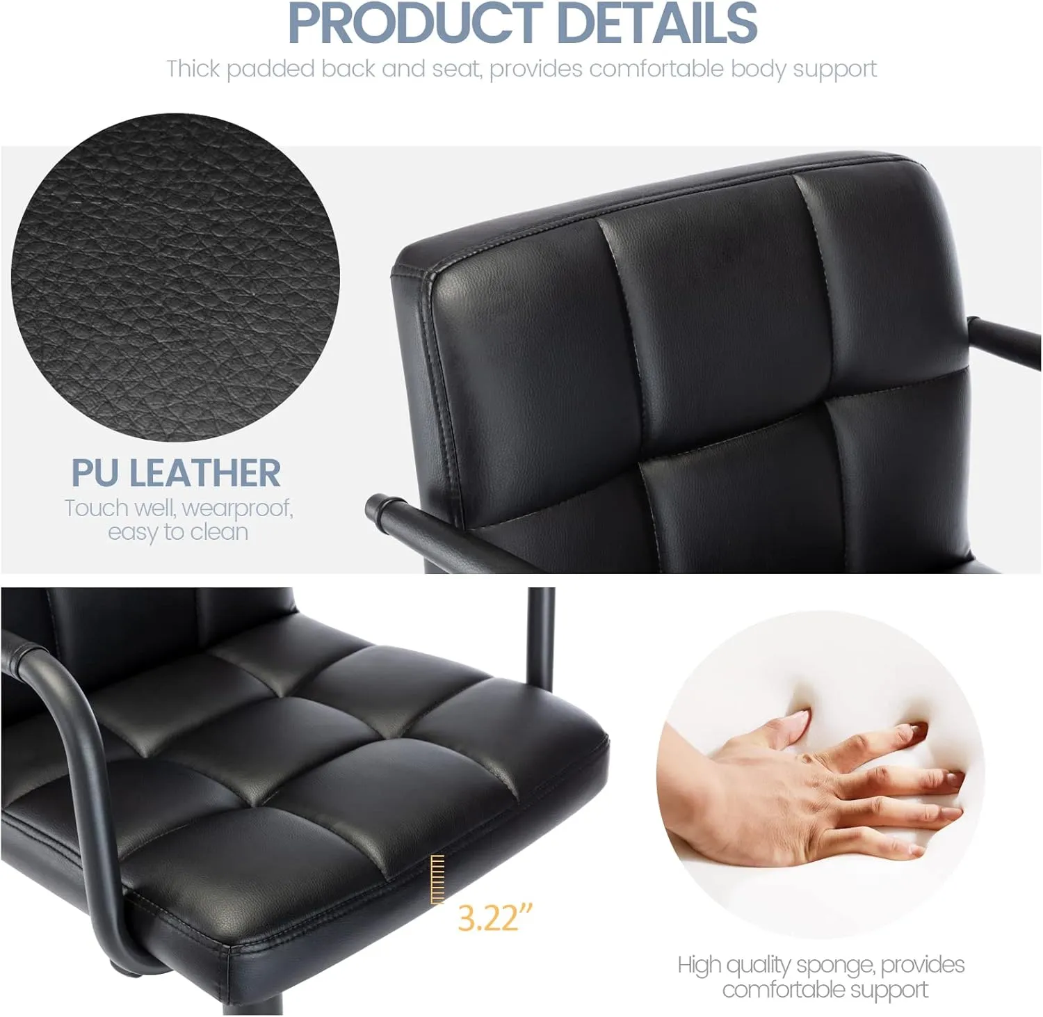 Vogue Furniture Direct Modern PU Leather Square Bar Stools, Adjustable Swivel Barstools with Back and Arms, Airlift Counter Height Chairs for Kitchen Dining Pub Cafe Set of 2 (Black, Black Base)