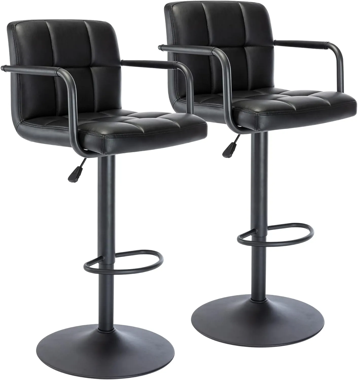 Vogue Furniture Direct Modern PU Leather Square Bar Stools, Adjustable Swivel Barstools with Back and Arms, Airlift Counter Height Chairs for Kitchen Dining Pub Cafe Set of 2 (Black, Black Base)