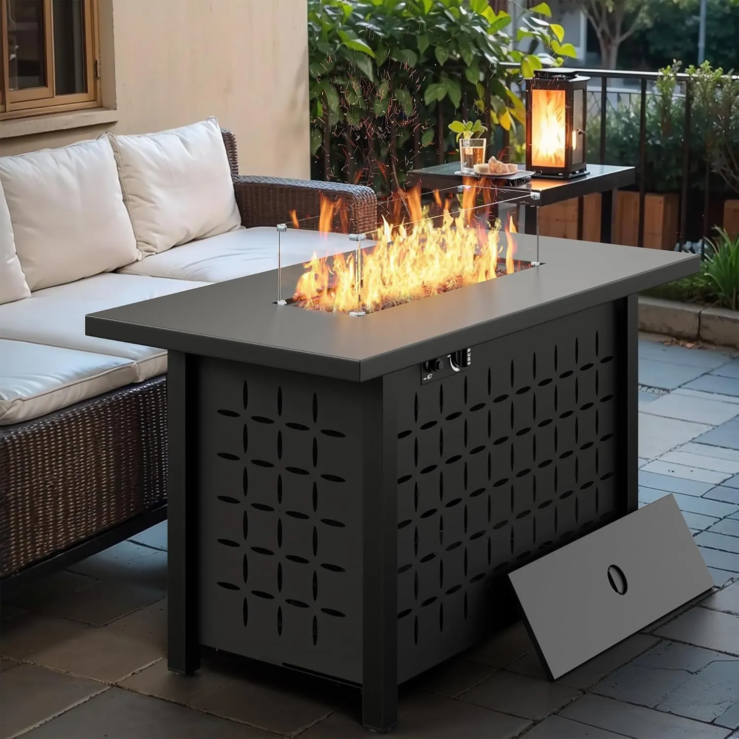 Vongrasig 43" Gas Fire Pit, 50,000 BTU Steel Propane Fire Pit Table for Outdoor, Outside Garden Patio Deck, CSA Certified Fire Table with Lid and Lava Rock