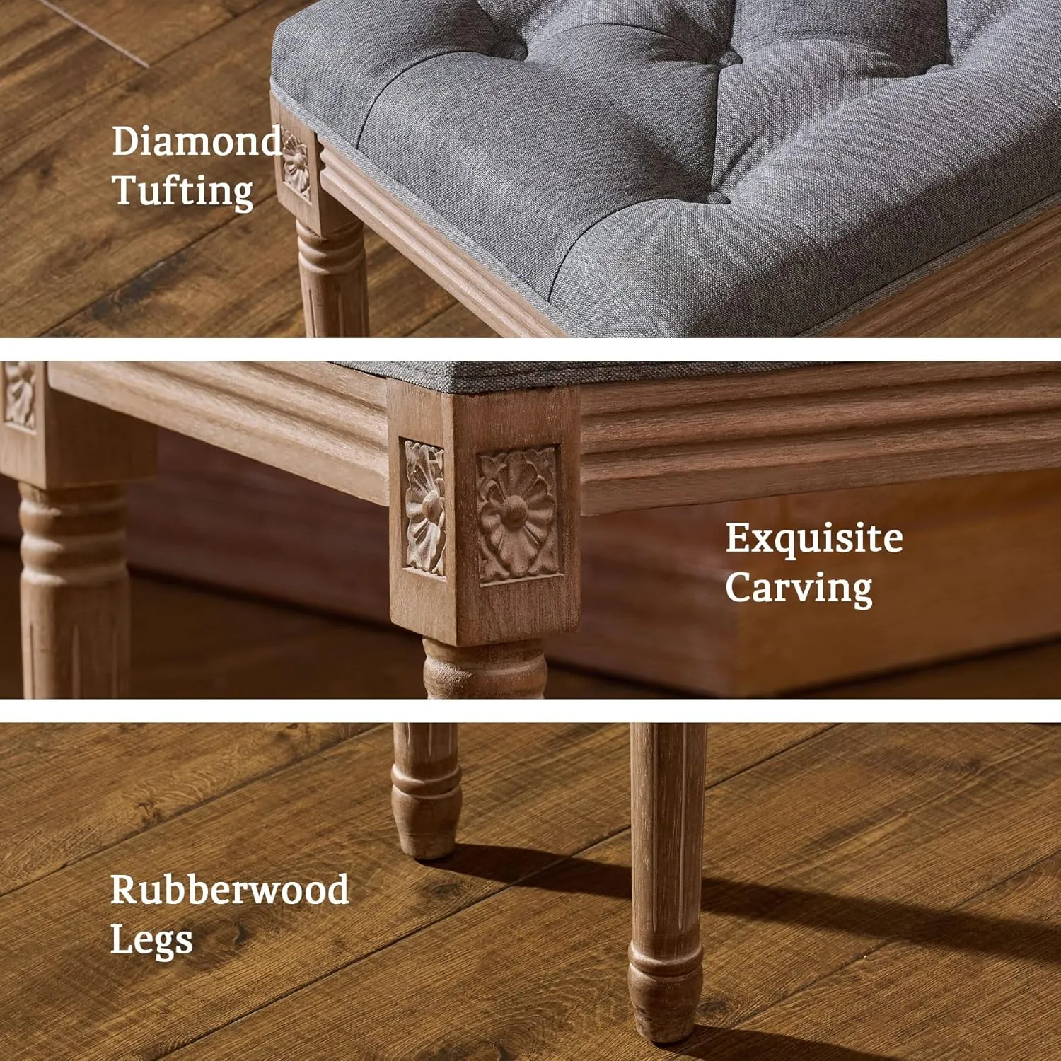 VONLUCE French Vintage Foot Stool with Rustic Wood Legs and Padded Seat, 18.5" High Memory Foam Upholstered Vanity Stool and Entryway Bench,Tufted Fabric Ottoman Stool for Bedroom Living Room, Gray