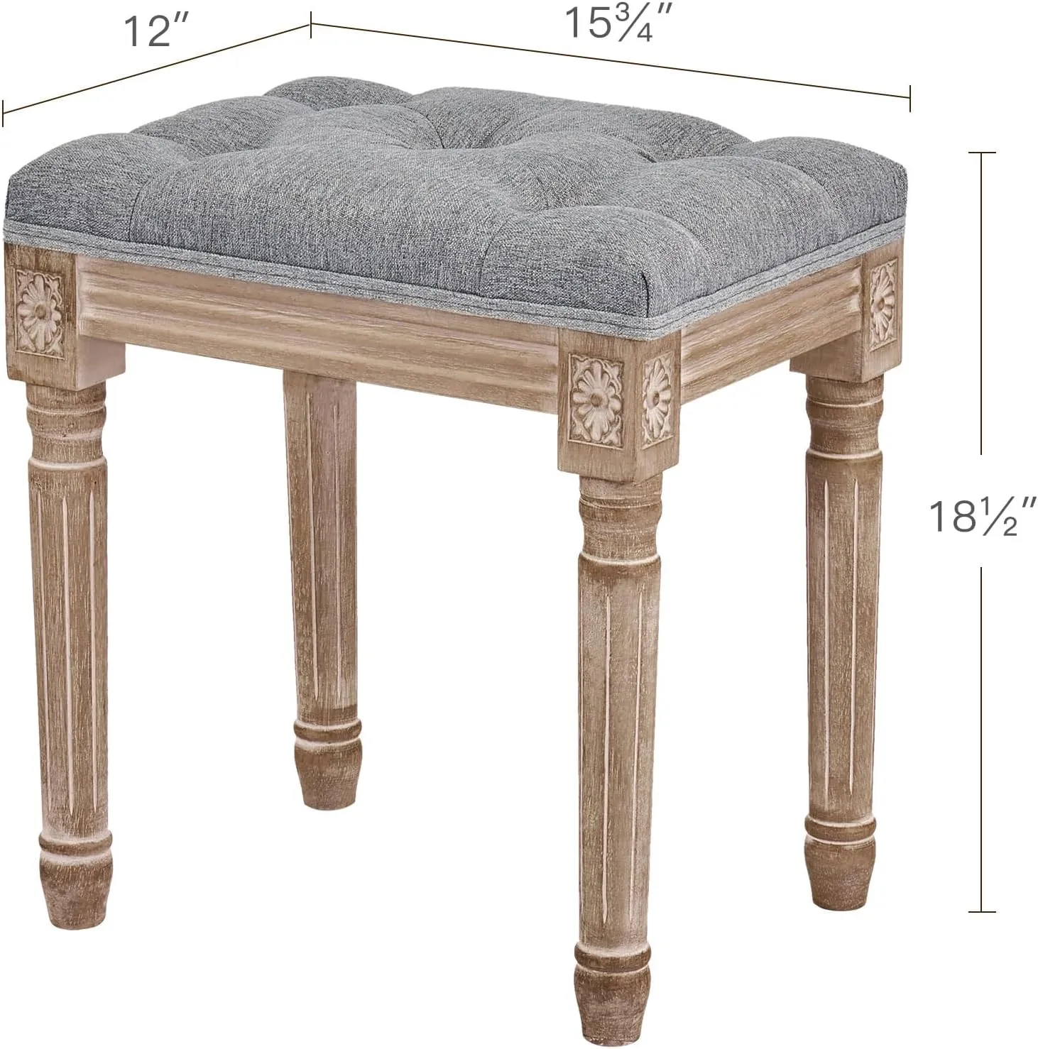 VONLUCE French Vintage Foot Stool with Rustic Wood Legs and Padded Seat, 18.5" High Memory Foam Upholstered Vanity Stool and Entryway Bench,Tufted Fabric Ottoman Stool for Bedroom Living Room, Gray