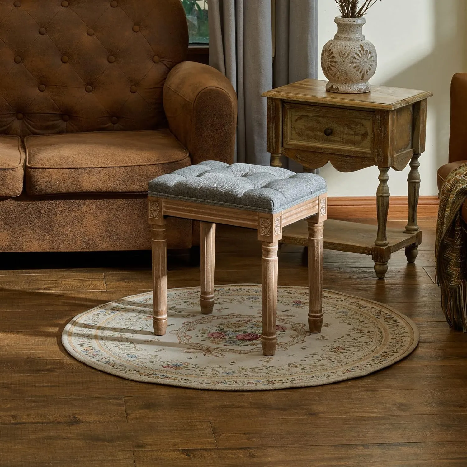 VONLUCE French Vintage Foot Stool with Rustic Wood Legs and Padded Seat, 18.5" High Memory Foam Upholstered Vanity Stool and Entryway Bench,Tufted Fabric Ottoman Stool for Bedroom Living Room, Gray