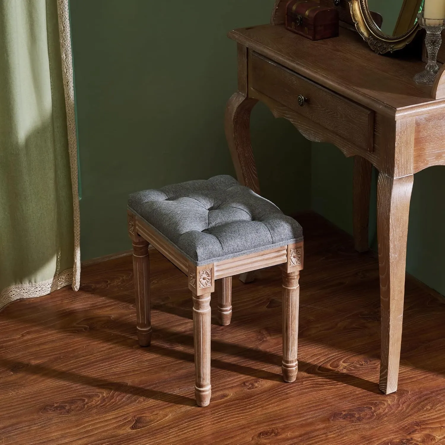 VONLUCE French Vintage Foot Stool with Rustic Wood Legs and Padded Seat, 18.5" High Memory Foam Upholstered Vanity Stool and Entryway Bench,Tufted Fabric Ottoman Stool for Bedroom Living Room, Gray