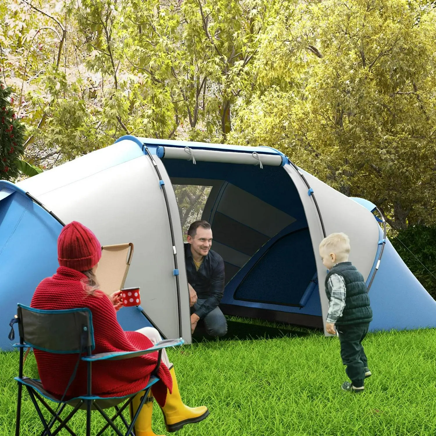 W/ White Bedroom, Tent Man UV Outsunny Shelter, Blue Tunnel Two Professional Fast response time And Hiking 4-6 Camping Protection