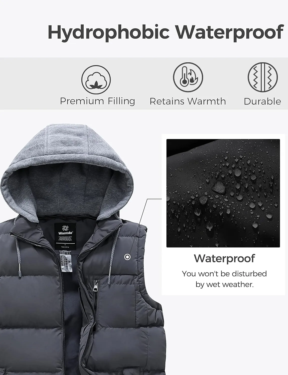 wantdo Men's Winter Vest Thick Padded Sleeveless Jacket Quilted Puffer Vest with Detachable Hood