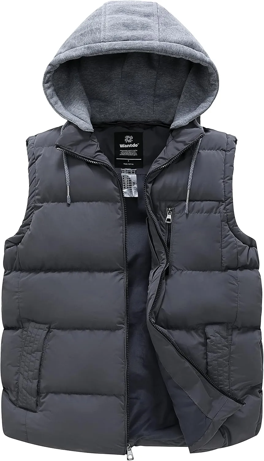 wantdo Men's Winter Vest Thick Padded Sleeveless Jacket Quilted Puffer Vest with Detachable Hood