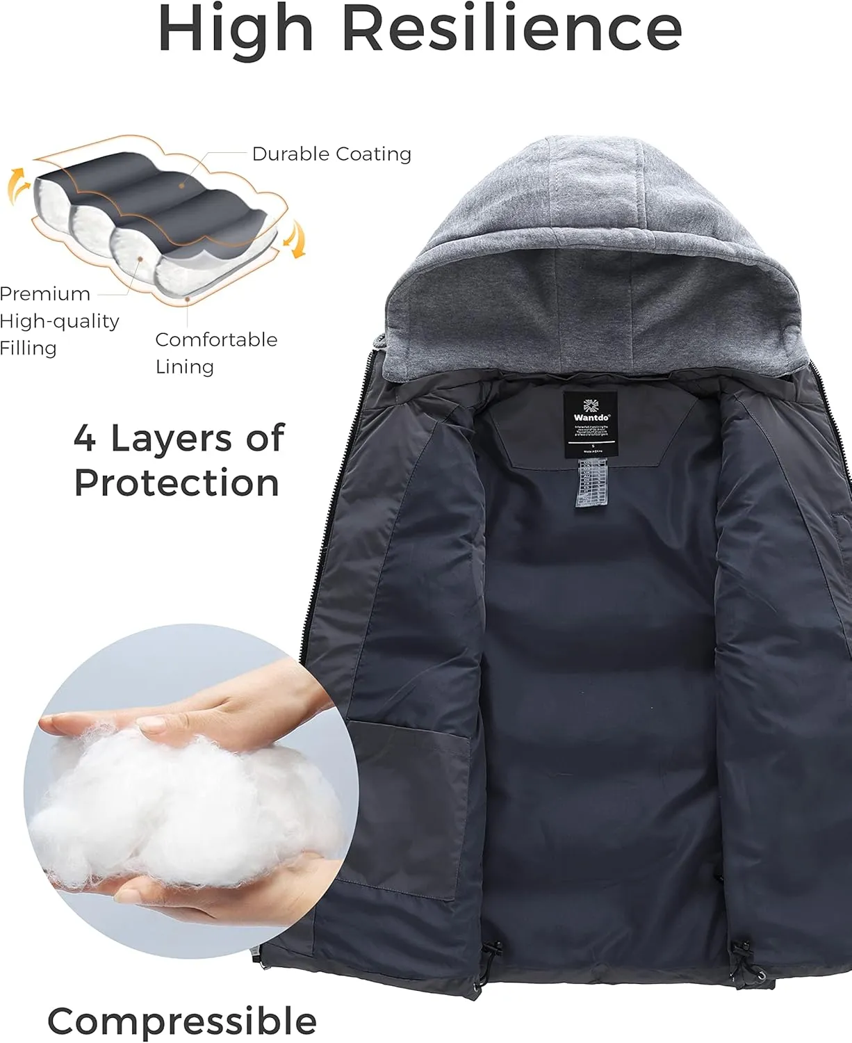 wantdo Men's Winter Vest Thick Padded Sleeveless Jacket Quilted Puffer Vest with Detachable Hood