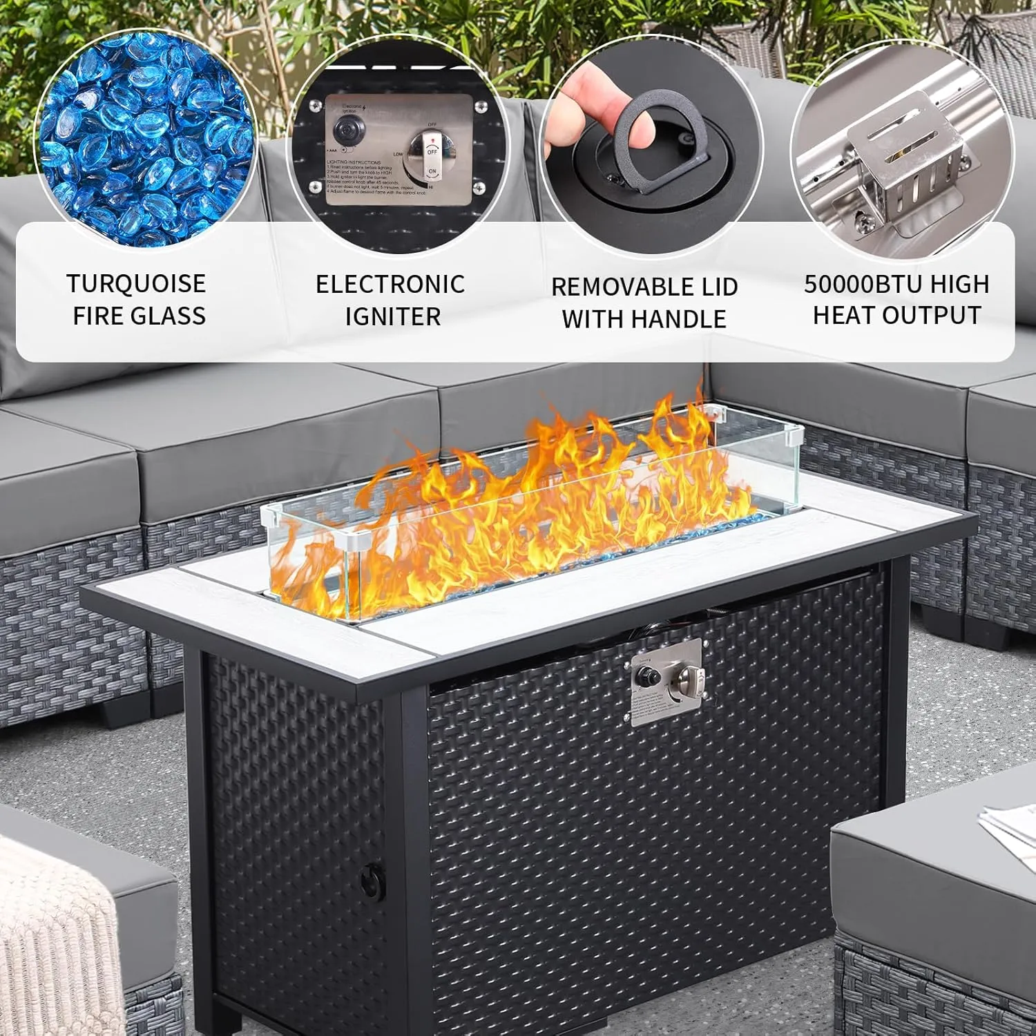 WAROOM Outdoor Patio Furniture Set 9 Piece Gray Rattan Sectional Sofa PE Wicker Conversation Chairs with 45" Propane Fire Pit Table and Non-Slip 5" Thick Grey Cushion
