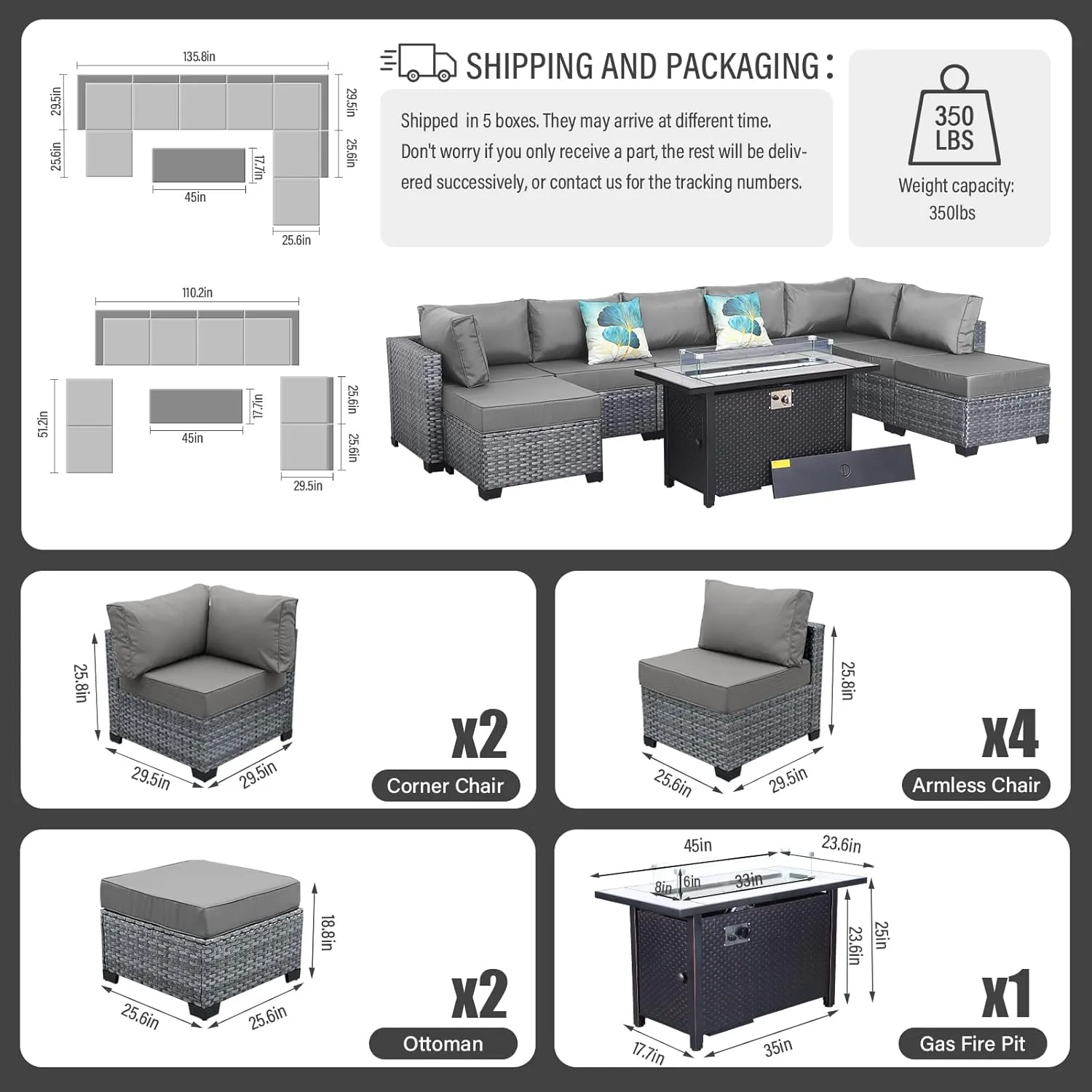 WAROOM Outdoor Patio Furniture Set 9 Piece Gray Rattan Sectional Sofa PE Wicker Conversation Chairs with 45" Propane Fire Pit Table and Non-Slip 5" Thick Grey Cushion