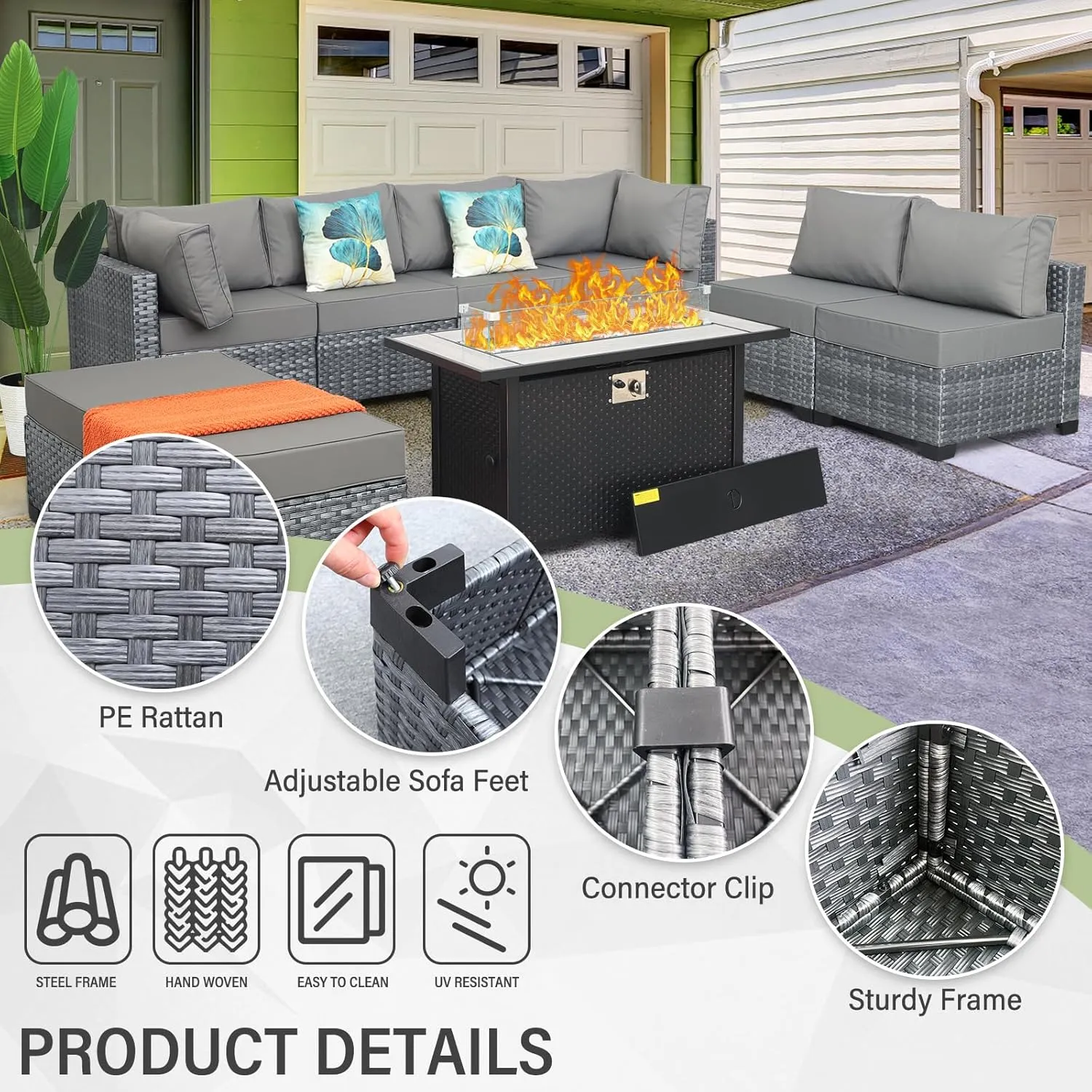 WAROOM Outdoor Patio Furniture Set 9 Piece Gray Rattan Sectional Sofa PE Wicker Conversation Chairs with 45" Propane Fire Pit Table and Non-Slip 5" Thick Grey Cushion