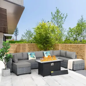 WAROOM Outdoor Patio Furniture Set 9 Piece Gray Rattan Sectional Sofa PE Wicker Conversation Chairs with 45" Propane Fire Pit Table and Non-Slip 5" Thick Grey Cushion
