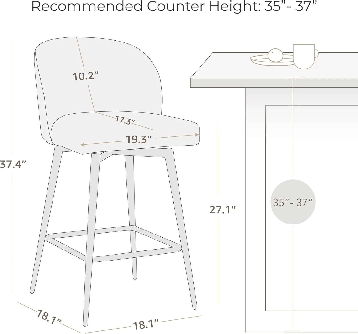 Watson & Whitely Counter Height Bar Stools Set of 2, 360° Swivel Upholstered Barstools with Backs and Metal Legs, 26" H Seat Height, Fabric in Grey (Multi-Colored)