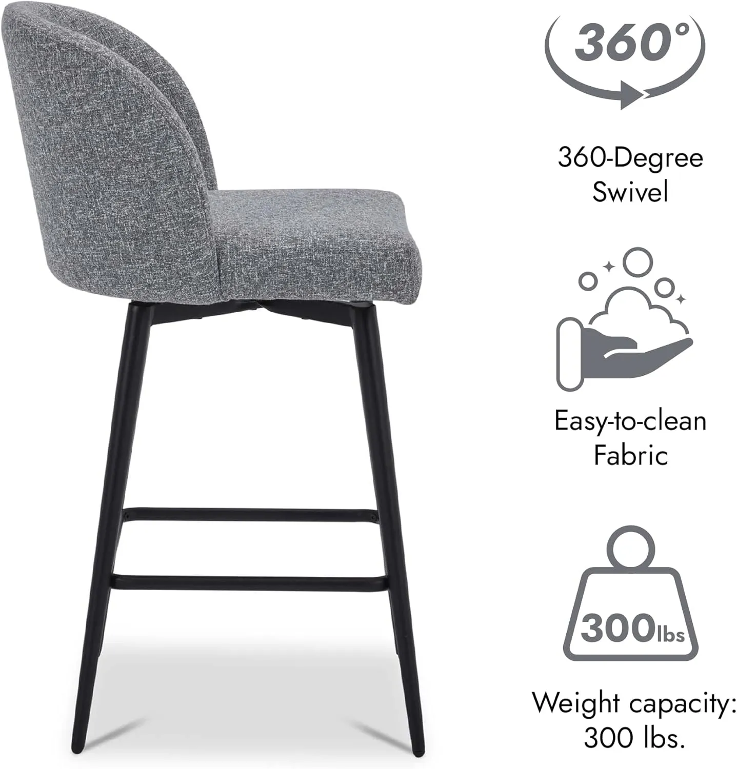Watson & Whitely Counter Height Bar Stools Set of 2, 360° Swivel Upholstered Barstools with Backs and Metal Legs, 26" H Seat Height, Fabric in Grey (Multi-Colored)