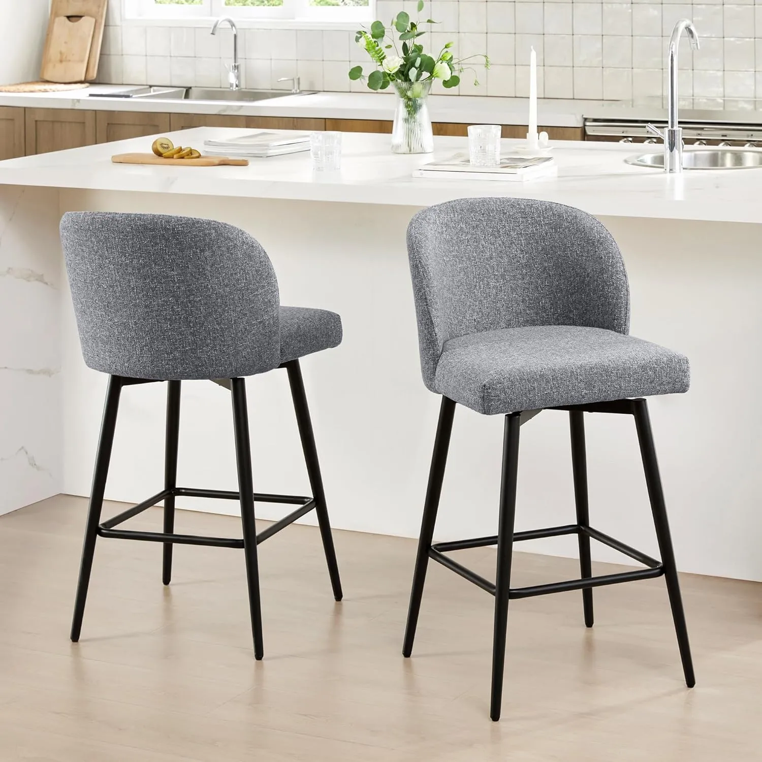 Watson & Whitely Counter Height Bar Stools Set of 2, 360° Swivel Upholstered Barstools with Backs and Metal Legs, 26" H Seat Height, Fabric in Grey (Multi-Colored)