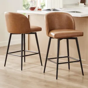 Watson & Whitely Counter Height Bar Stools Set of 2, 360° Swivel Upholstered Barstools with Backs and Metal Legs, 26" H Seat Height, Faux Leather in Saddle Brown