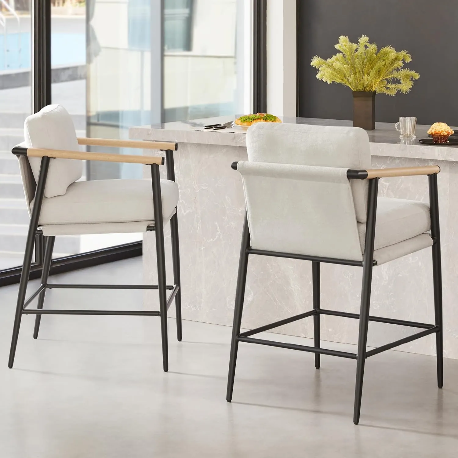 Watson & Whitely Mid Century Modern Barstools Set of 2, 26" H Upholstered Counter Height Bar Stools with Wood Armrests and Metal Legs, Fabric in Beige