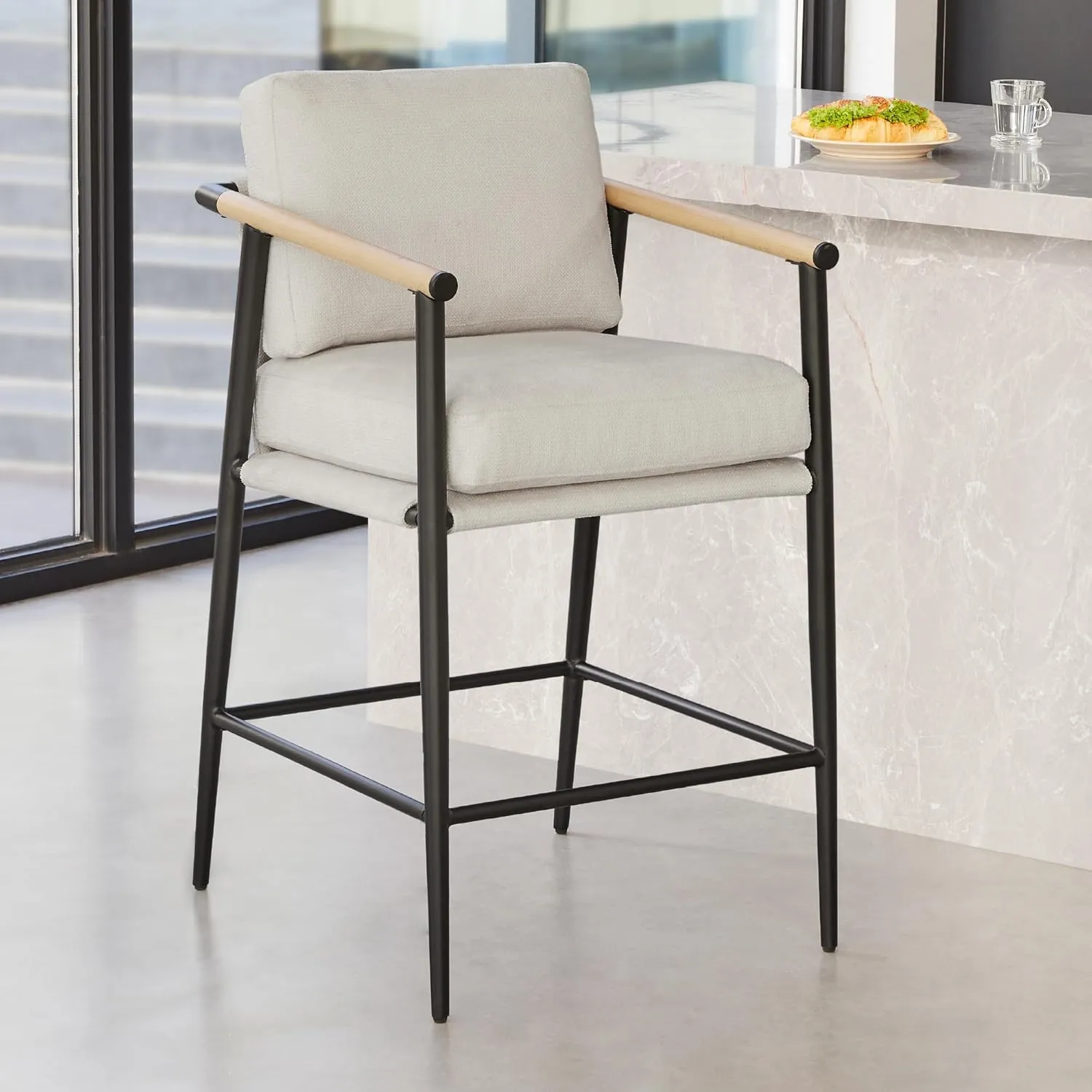 Watson & Whitely Mid Century Modern Barstools Set of 2, 26" H Upholstered Counter Height Bar Stools with Wood Armrests and Metal Legs, Fabric in Beige