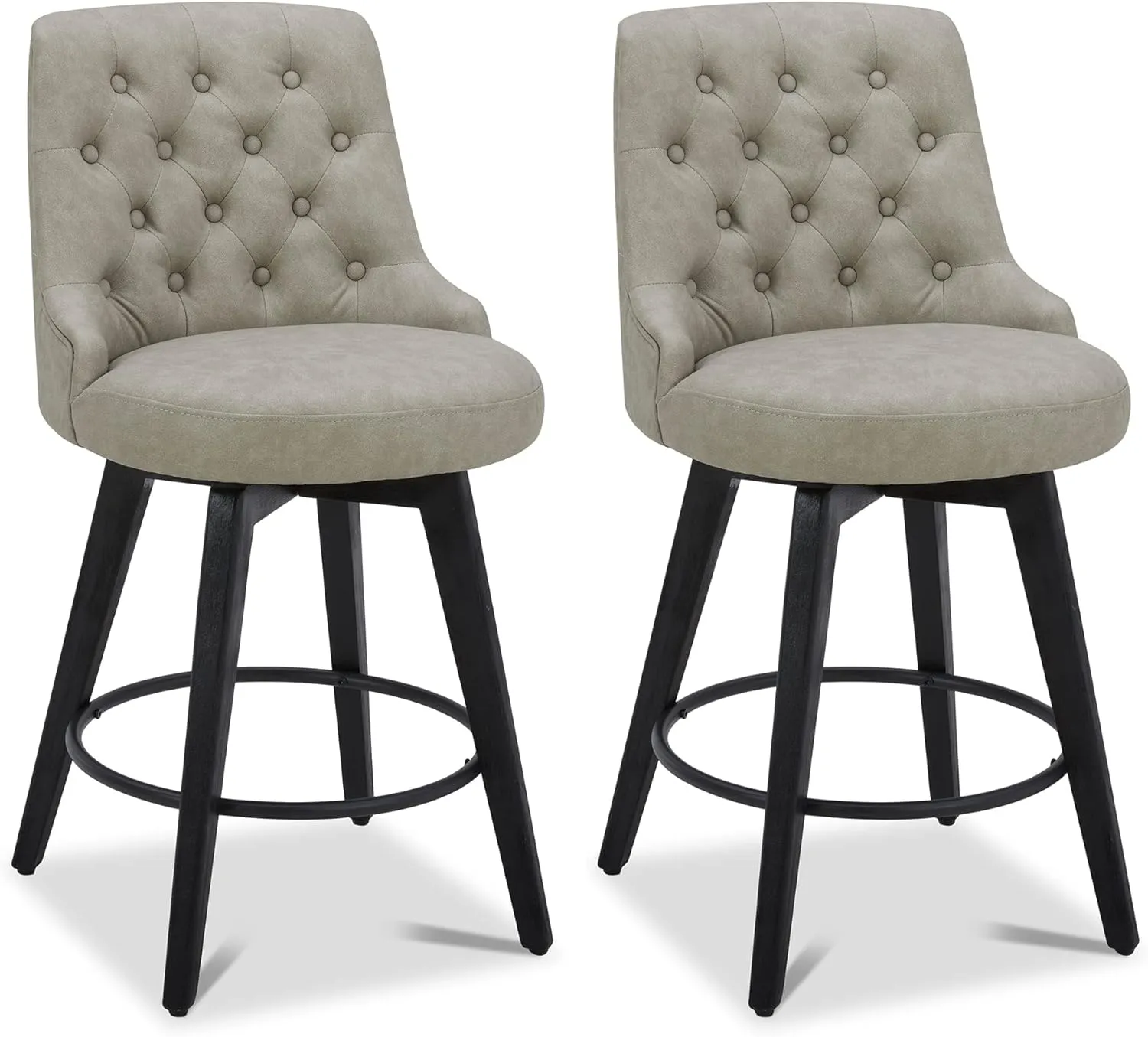 Watson & Whitely Modern Swivel Bar Stools, Faux Leather Upholstered Counter Height Bar Stools with Back, Solid Wood Legs, 26" H Seat, Set of 2, Stone Grey