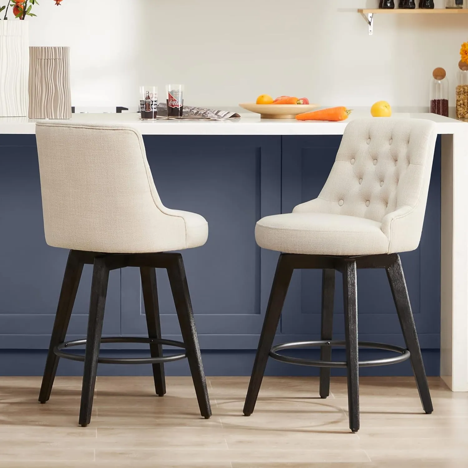 Watson & Whitely Modern Swivel Bar Stools, Faux Leather Upholstered Counter Height Bar Stools with Back, Solid Wood Legs, 26" H Seat, Set of 2, Stone Grey
