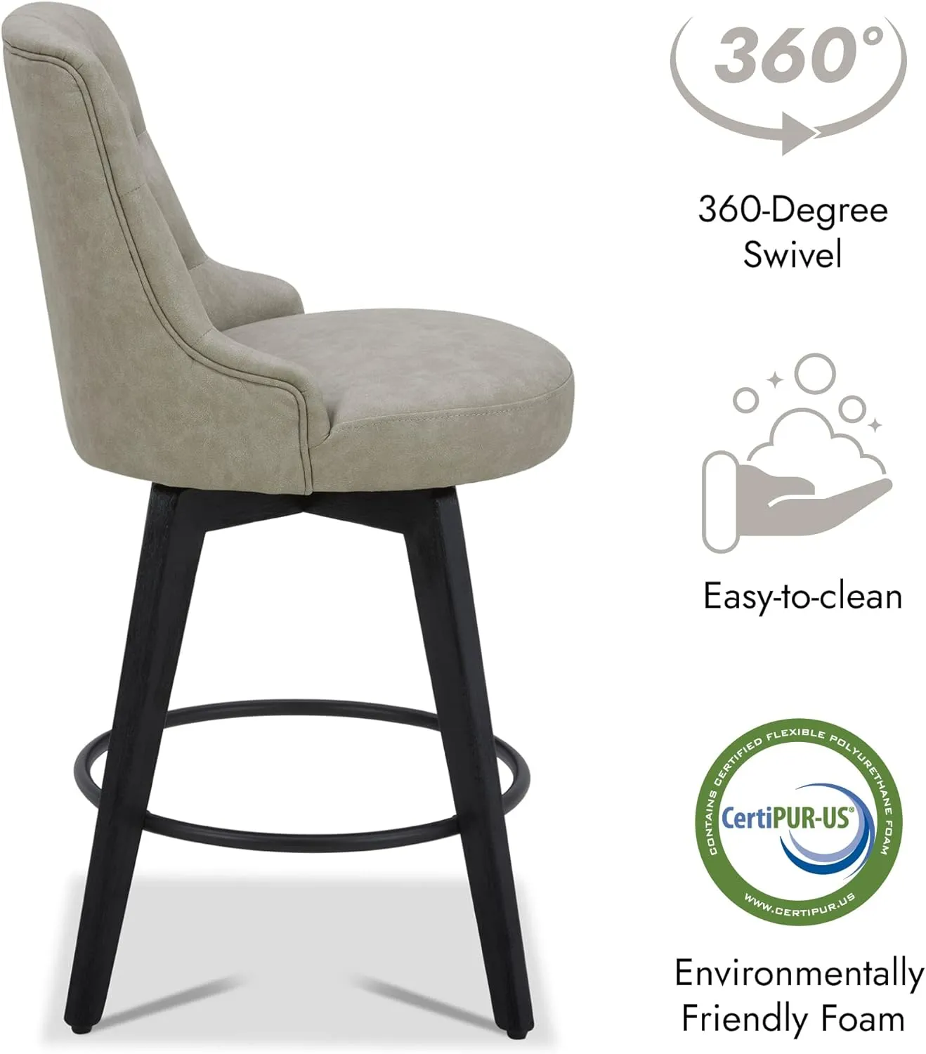 Watson & Whitely Modern Swivel Bar Stools, Faux Leather Upholstered Counter Height Bar Stools with Back, Solid Wood Legs, 26" H Seat, Set of 2, Stone Grey