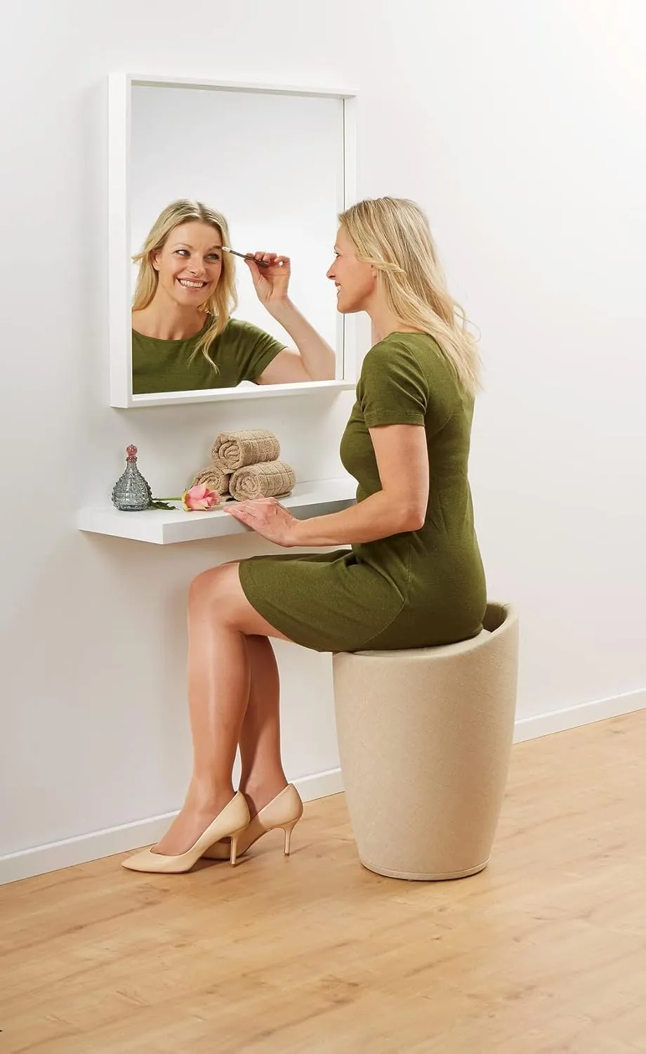 Wenko Bathroom Stool Candy with Linen Look in Beige, Polyester, 36 x 36 x 50.5 cm
