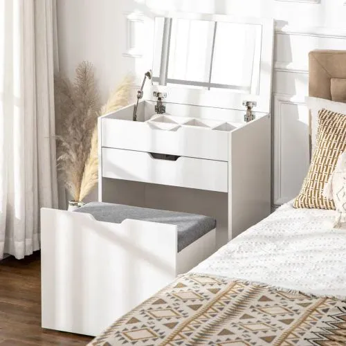 White Dressing Table Set w/ Mirror & Stool – Glam Vanity   Storage! ✨