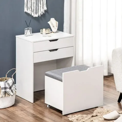 White Dressing Table Set w/ Mirror & Stool – Glam Vanity   Storage! ✨