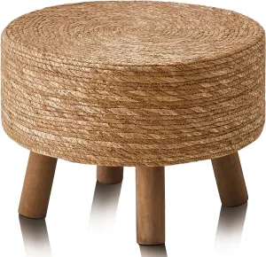 Wimarsbon Pouf Ottoman, Round Footstool with 4 Wood Leg, Handmade Bohomia Natural Outdoor Footrest, Rustic Dressing Stool, Accent Vanity Chair (Natural Cattail & Black Legs)