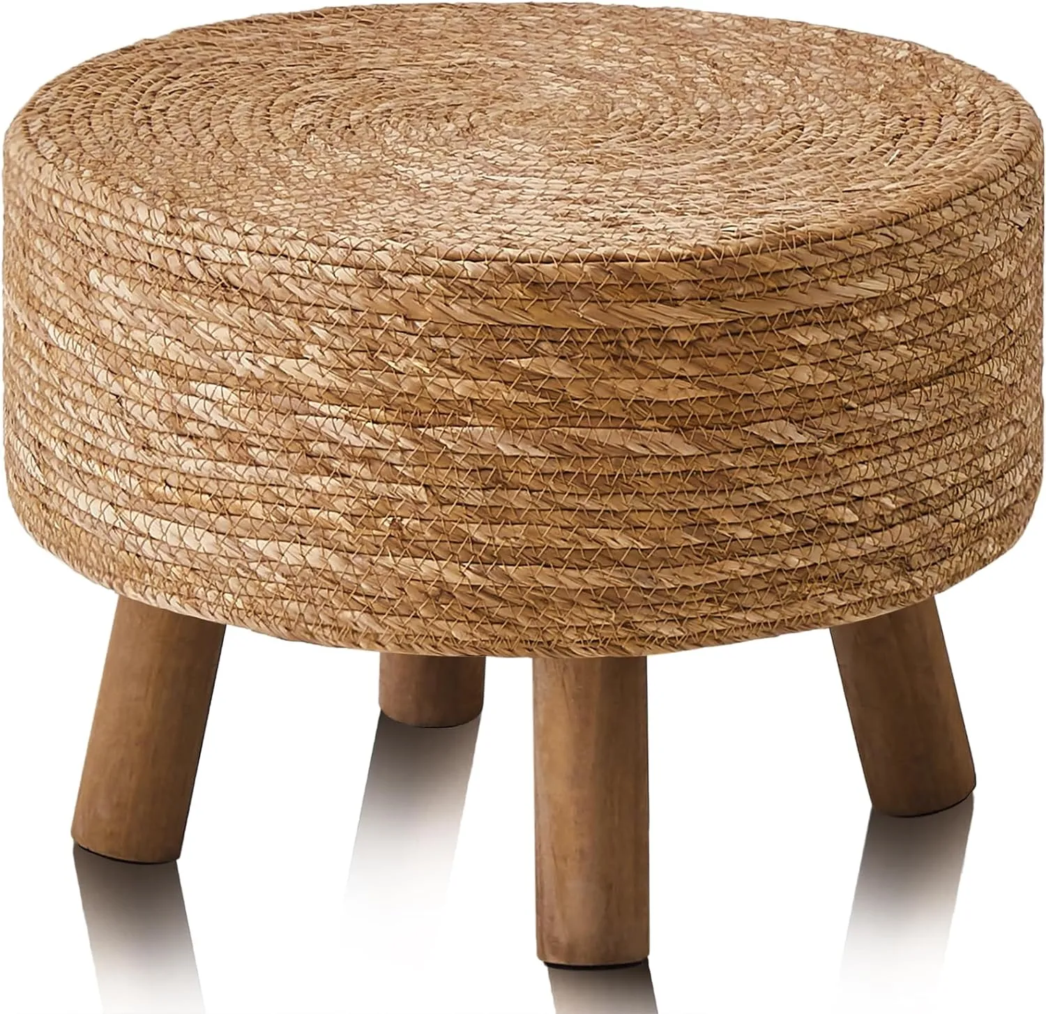 Wimarsbon Pouf Ottoman, Round Footstool with 4 Wood Leg, Handmade Bohomia Natural Outdoor Footrest, Rustic Dressing Stool, Accent Vanity Chair (Natural Cattail & Black Legs)