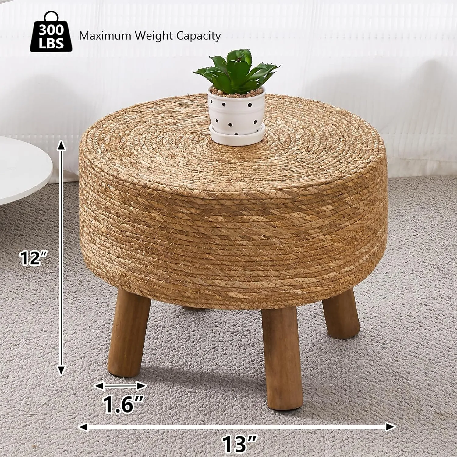 Wimarsbon Pouf Ottoman, Round Footstool with 4 Wood Leg, Handmade Bohomia Natural Outdoor Footrest, Rustic Dressing Stool, Accent Vanity Chair (Natural Cattail & Black Legs)