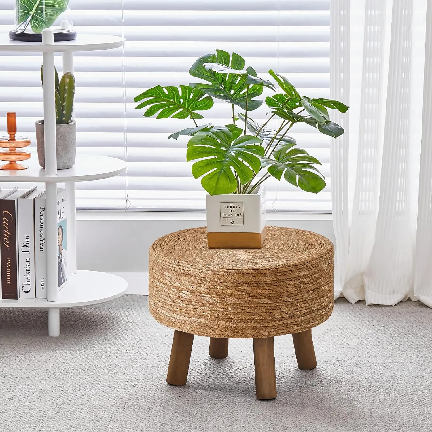 Wimarsbon Pouf Ottoman, Round Footstool with 4 Wood Leg, Handmade Bohomia Natural Outdoor Footrest, Rustic Dressing Stool, Accent Vanity Chair (Natural Cattail & Black Legs)