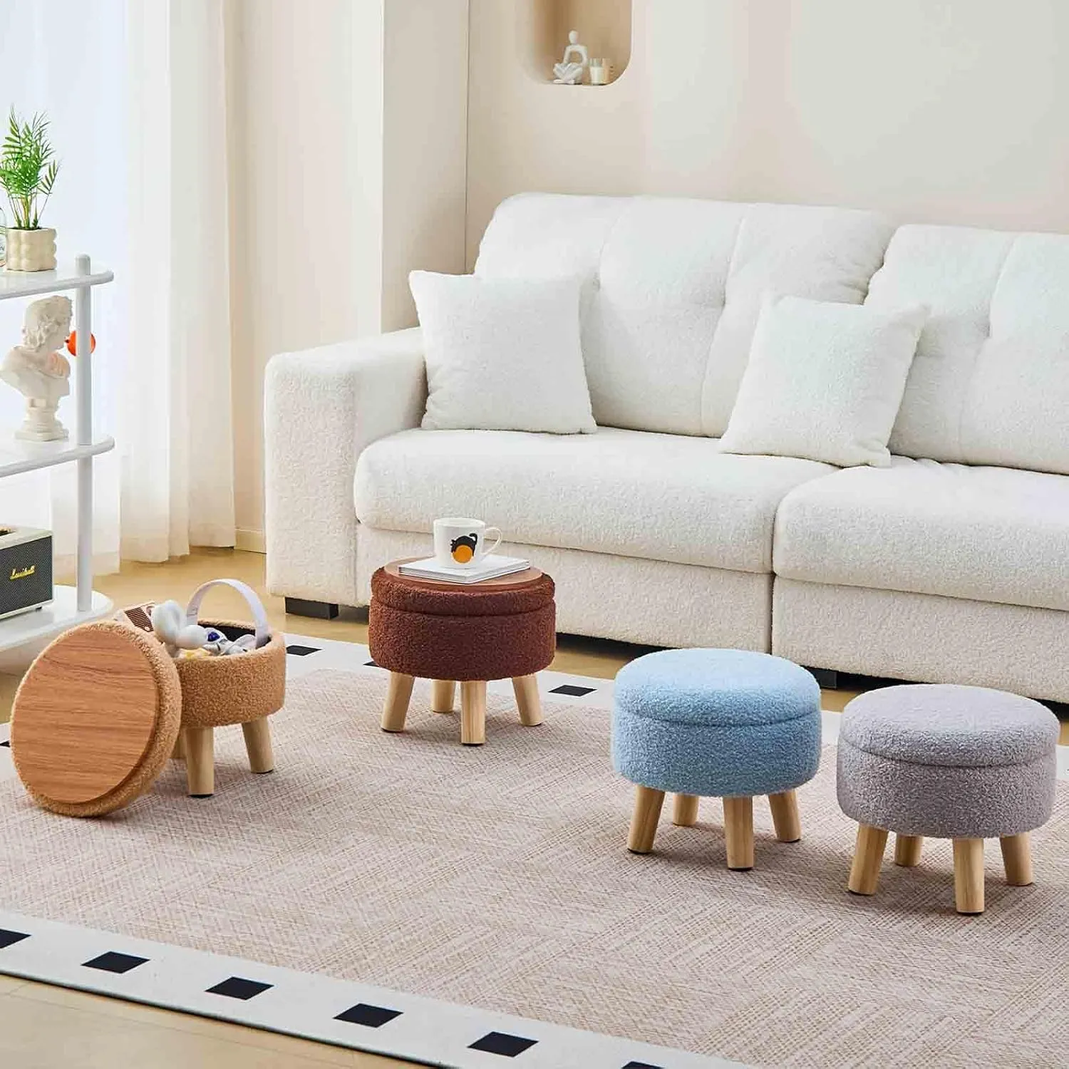 Wimarsbon Storage Ottoman, Modern Round Footrest with Soft Padded Seat, Teddy Velvet Footstool with Wood Legs, Accent Small Table or Plant Stand for Hallway, Living Room (Blue)