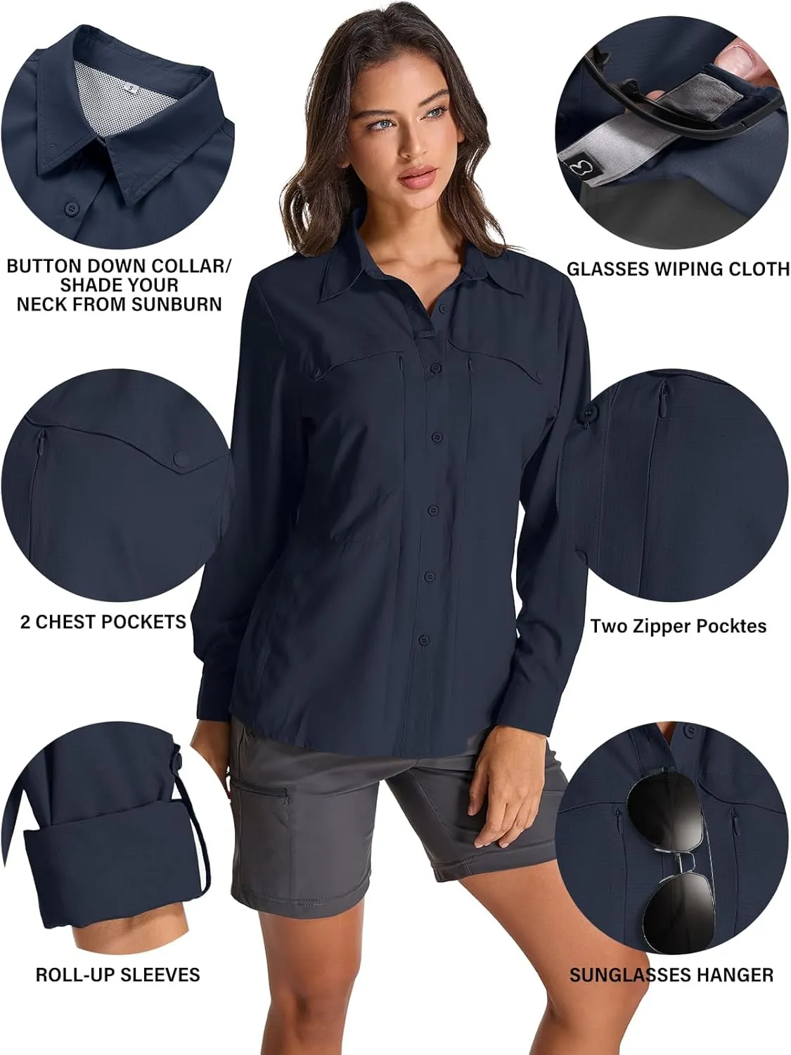 Women's UV Sun Protection Safari Shirt, UPF 50  Long Sleeve Outdoor Cool Quick Dry Fishing Hiking Travel Shirts