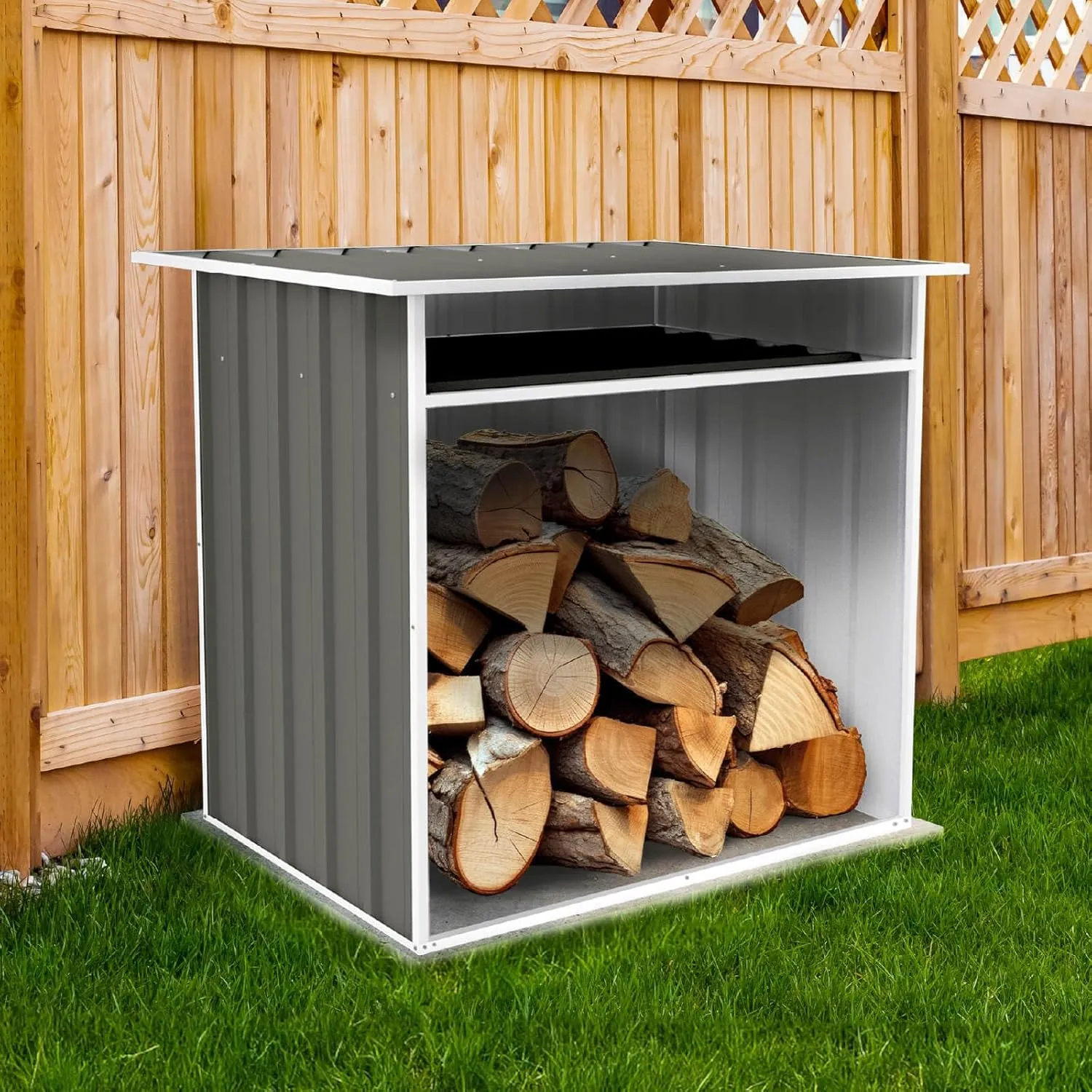 Woodstore 4 Ft. x 2.5 Ft. 3.7 Ft. DIY Galvanized Steel Sheds for Firewood, Timber, Kindling, Also Tools, Gardening Equipment, Perfect in Backyard, Garden (Woodland Gray)