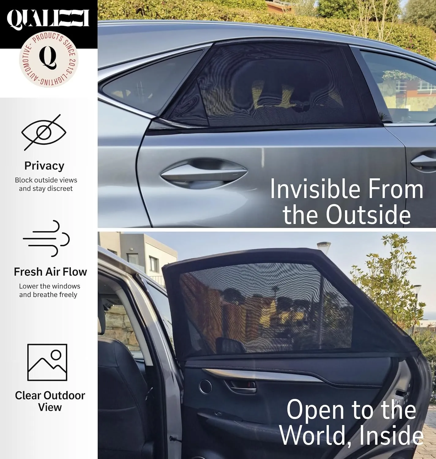 XL/Car Window Shades for SUVs (10 Sizes) - Breathable Stretchy Mesh Screens for Baby, Sun, Heat, Bug & Privacy Protection, Ideal for Camping Adventures, 2-Pack by Qualizzi