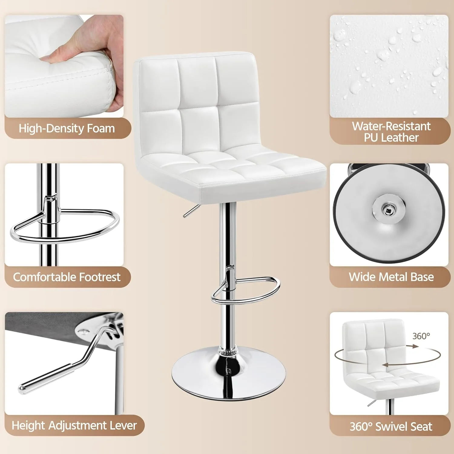 Yaheetech Bar Stools Set of 2, PU Leather Adjustable Swivel Barstools, Armless Hydraulic Kitchen Counter Bar Stool, Kitchen Island Chairs Set of 2, White