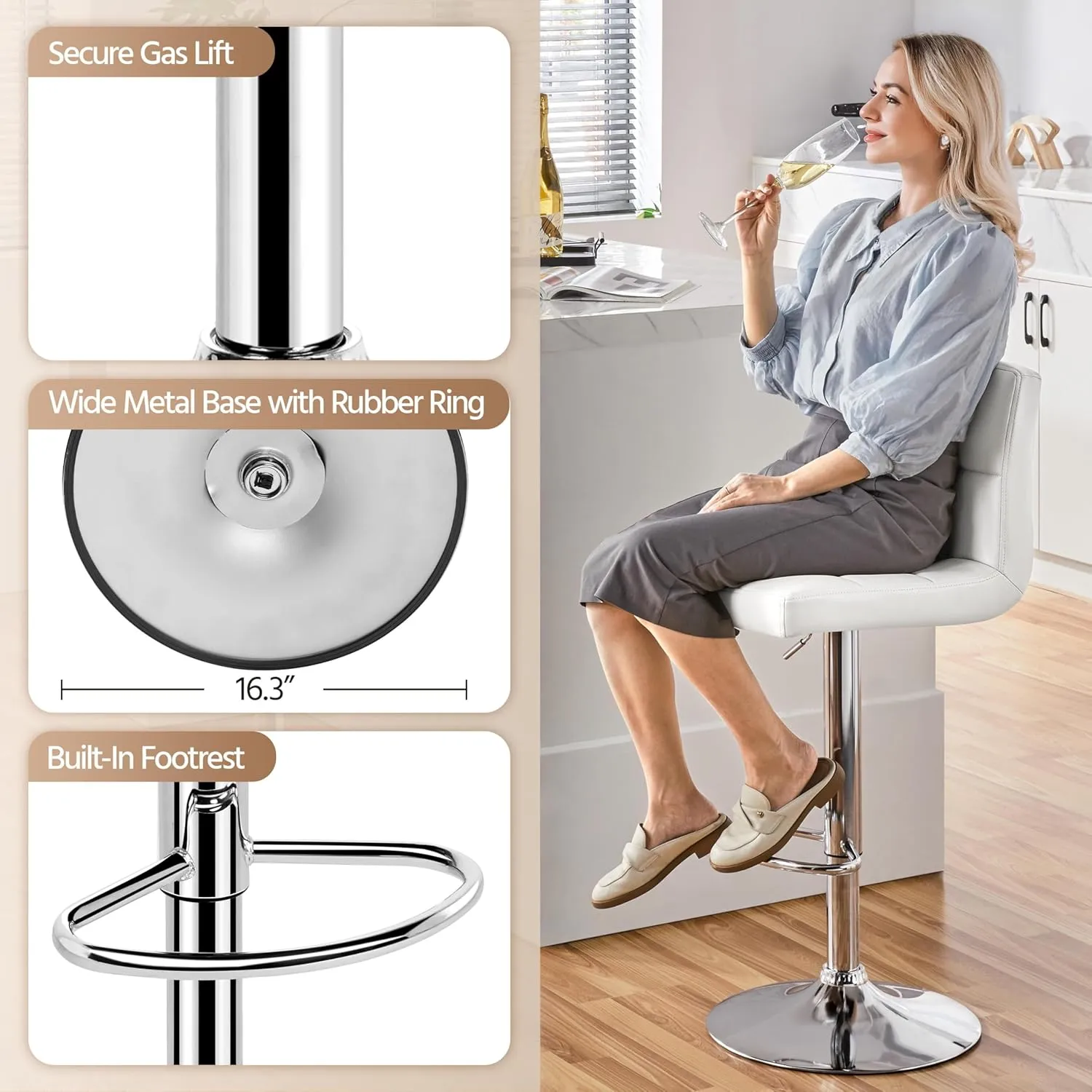 Yaheetech Bar Stools Set of 2, PU Leather Adjustable Swivel Barstools, Armless Hydraulic Kitchen Counter Bar Stool, Kitchen Island Chairs Set of 2, White