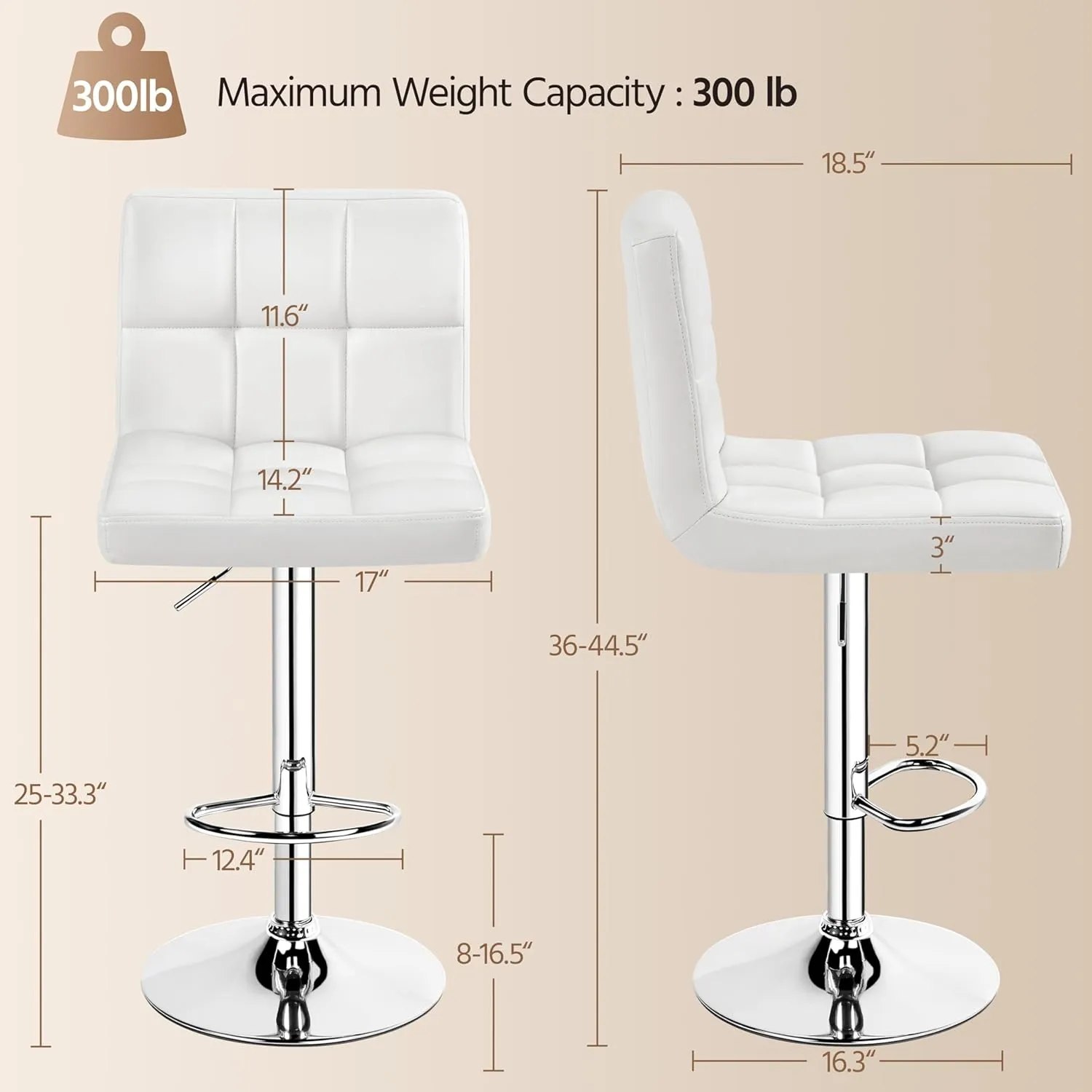 Yaheetech Bar Stools Set of 2, PU Leather Adjustable Swivel Barstools, Armless Hydraulic Kitchen Counter Bar Stool, Kitchen Island Chairs Set of 2, White