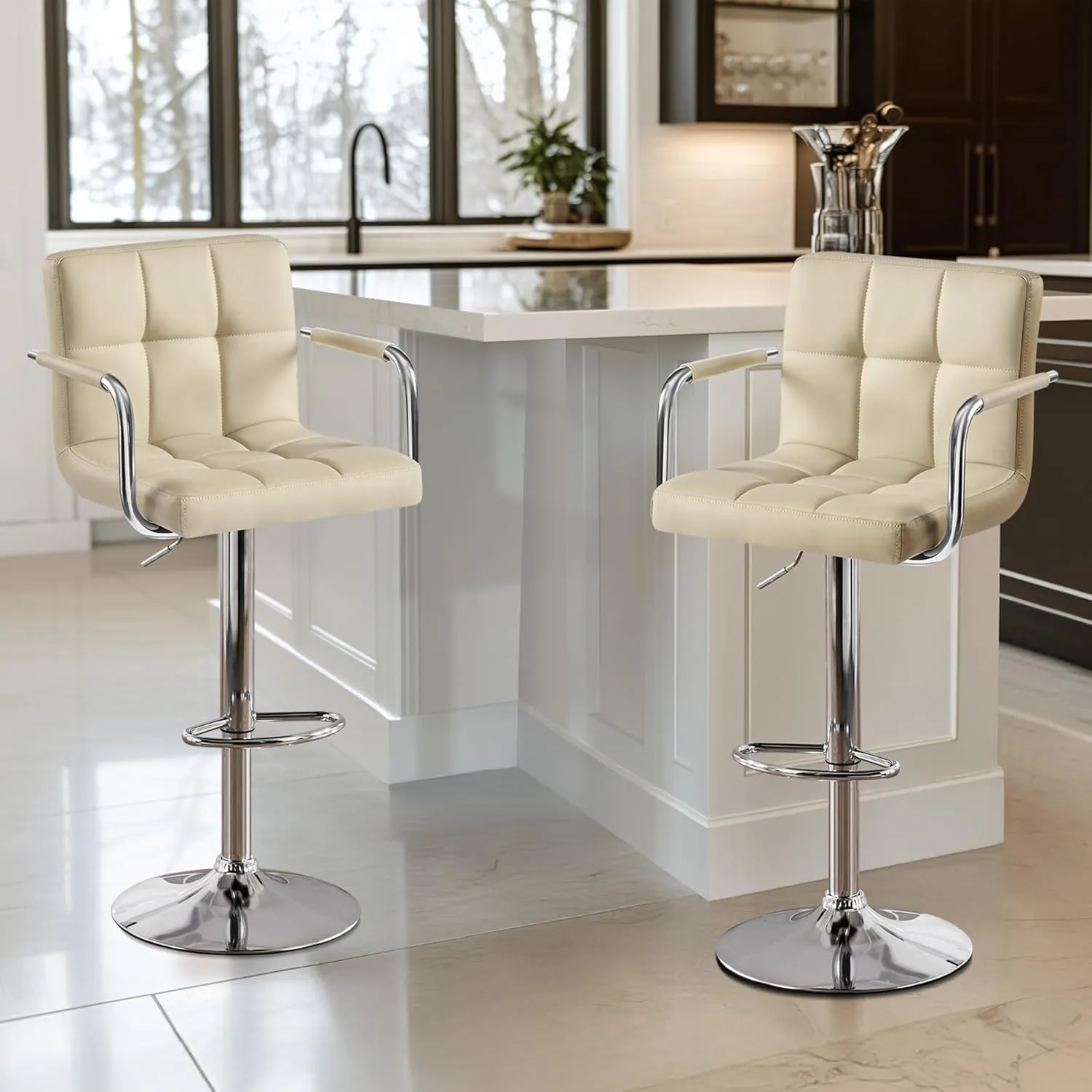 Yaheetech Bar Stools Set of 2, PU Leather Adjustable Swivel Barstools, Hydraulic Kitchen Counter Height Chairs with Armrest and Back for Kitchen, Dining Room, Khaki