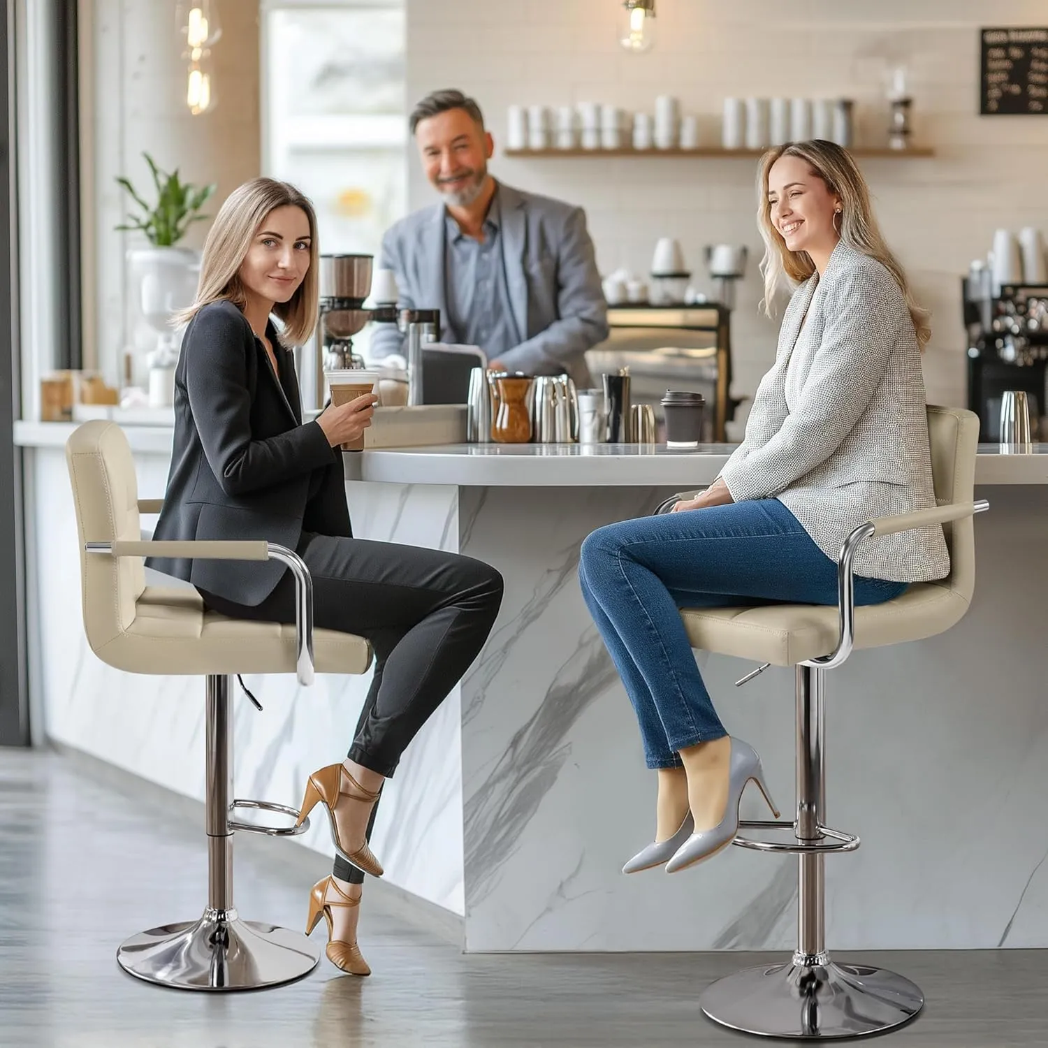 Yaheetech Bar Stools Set of 2, PU Leather Adjustable Swivel Barstools, Hydraulic Kitchen Counter Height Chairs with Armrest and Back for Kitchen, Dining Room, Khaki