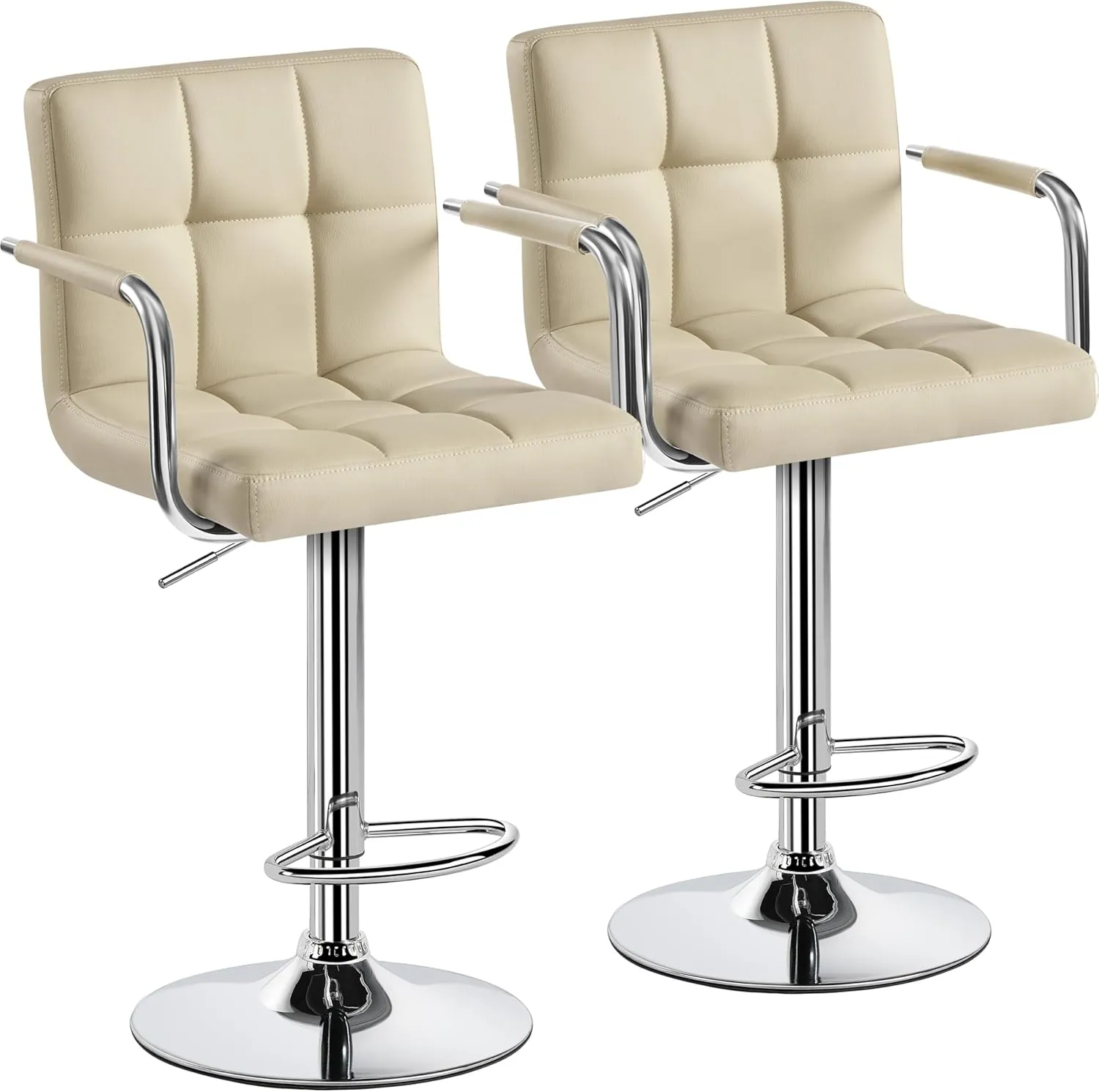 Yaheetech Bar Stools Set of 2, PU Leather Adjustable Swivel Barstools, Hydraulic Kitchen Counter Height Chairs with Armrest and Back for Kitchen, Dining Room, Khaki
