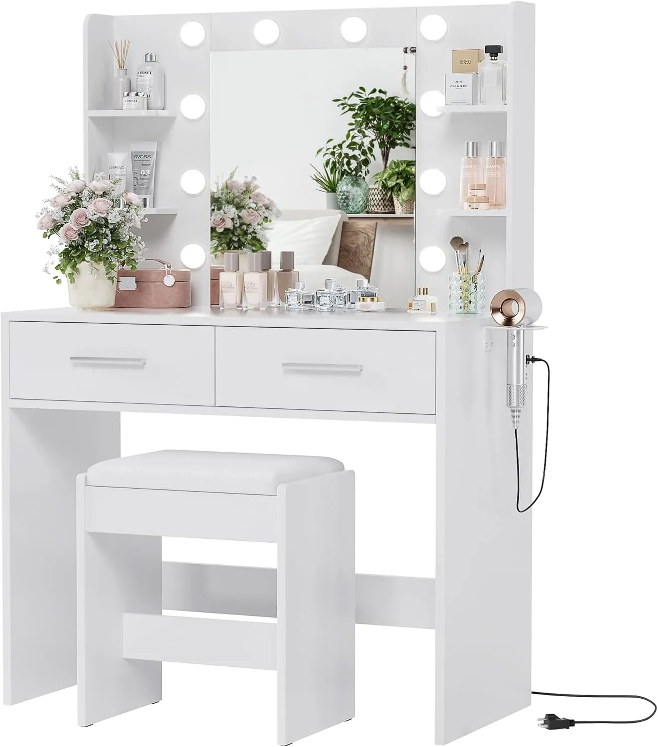 YESHOMY Vanity Desk with Mirror, Makeup Table with 2 Large Drawers, Power Outlet and Round Holder, 3 Color Modes Adjustable Bulb, Bench Included, White