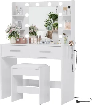 YESHOMY Vanity Desk with Mirror, Makeup Table with 2 Large Drawers, Power Outlet and Round Holder, 3 Color Modes Adjustable Bulb, Bench Included, White